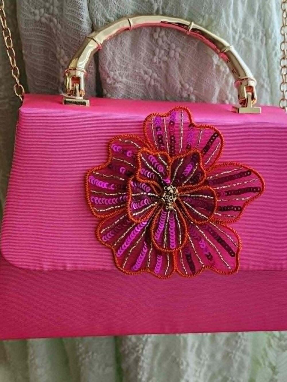 NWT Lisi Lerch Pink Lulu Handbag Gold Bamboo Handle Sequin Flower Chain Strap - Picture 6 of 11